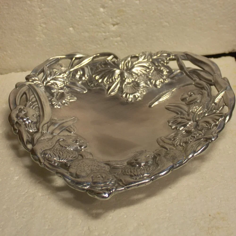 Vintage Arthur Court Heart Plate with Bunnies and Orchids Aluminum 10 Inch